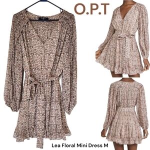O.P.T. Women's Lea Floral Mini Dress Pink Green long-sleeve deep V-neck ruffle M